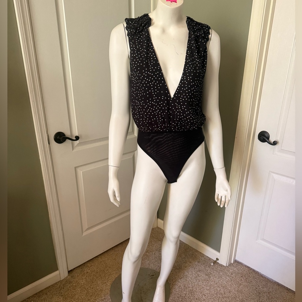 Honey Punch Black Polka plunging body suit